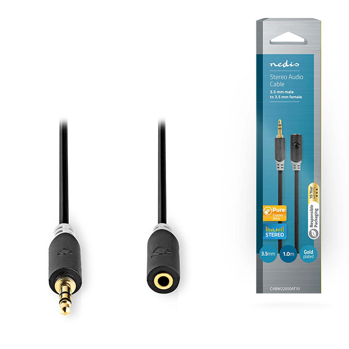 ΚΑΛΩΔΙΟ ΠΡΟΕΚΤΑΣΗΣ ΗΧΟΥ 3,5mm Stereo αρσ. - 3,5mm Stereo θηλ., σε συσκευασία blister, 1m. NEDIS