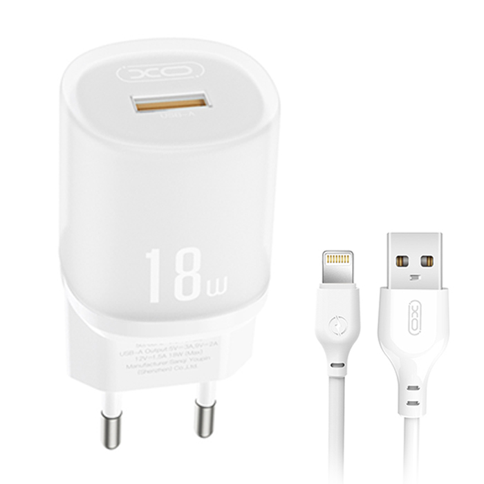 Universal φορτιστής με 1 έξοδο USB-A και αποσπώμενο καλώδιο USB-A - Lightning, 18W σε λευκό χρώμα